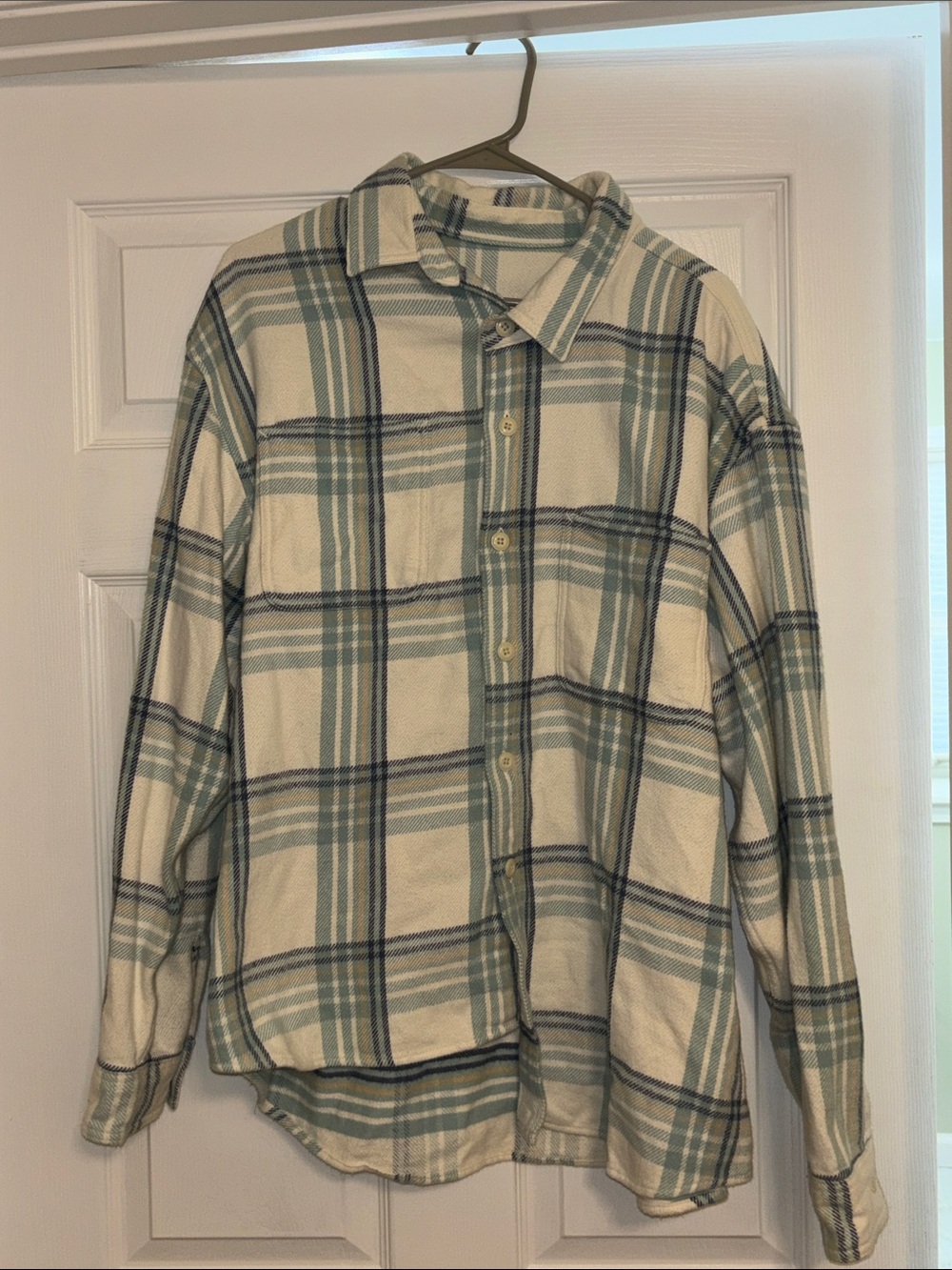 American Eagle Men's Plaid Button-Up Shirt/Shacket- Cream and Sage Green